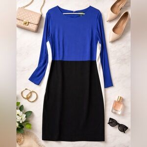 Lauren Ralph Lauren Colorblock Dress Blue Black White 16W Long Sleeve Sheath
